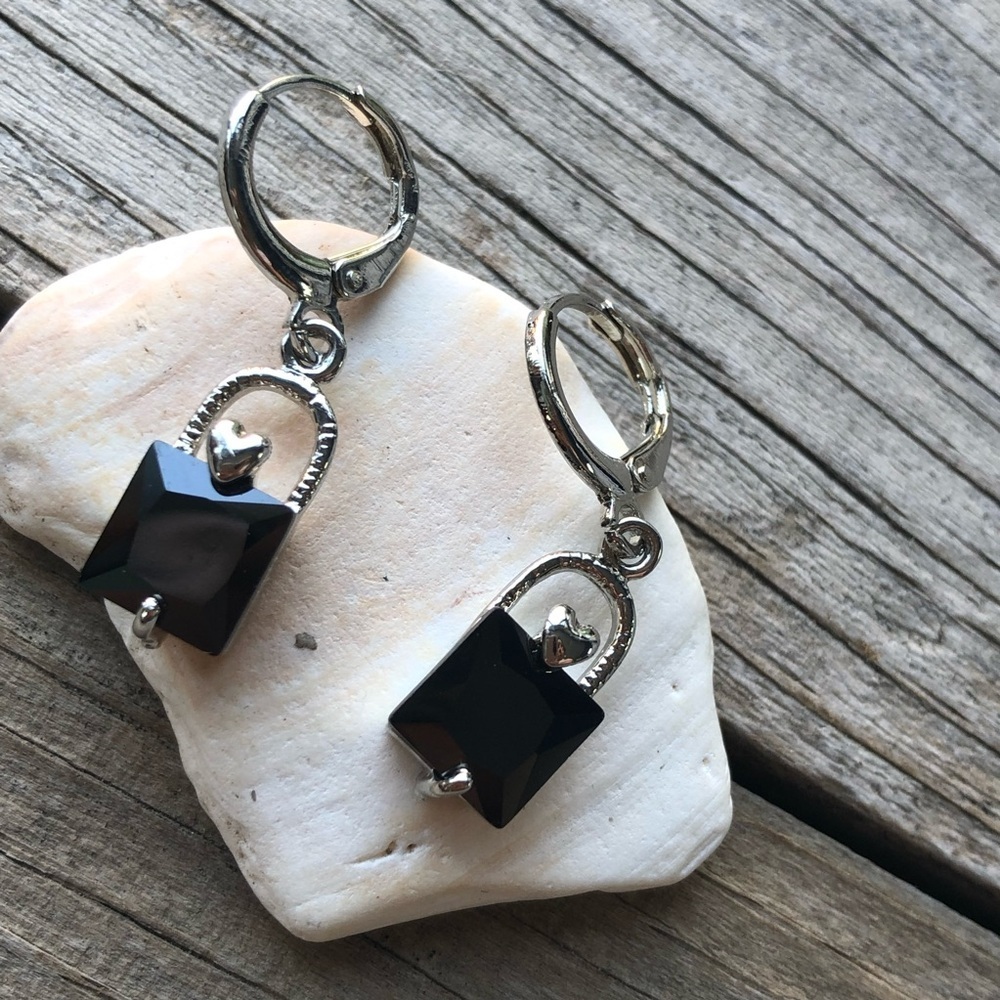 Sterling Silver Black Stone Dangle Hoop Earrings
